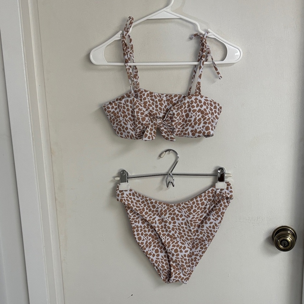 Women’s Tan & White Patterned Tie-Front Bikini Top with High-Waist Bottoms